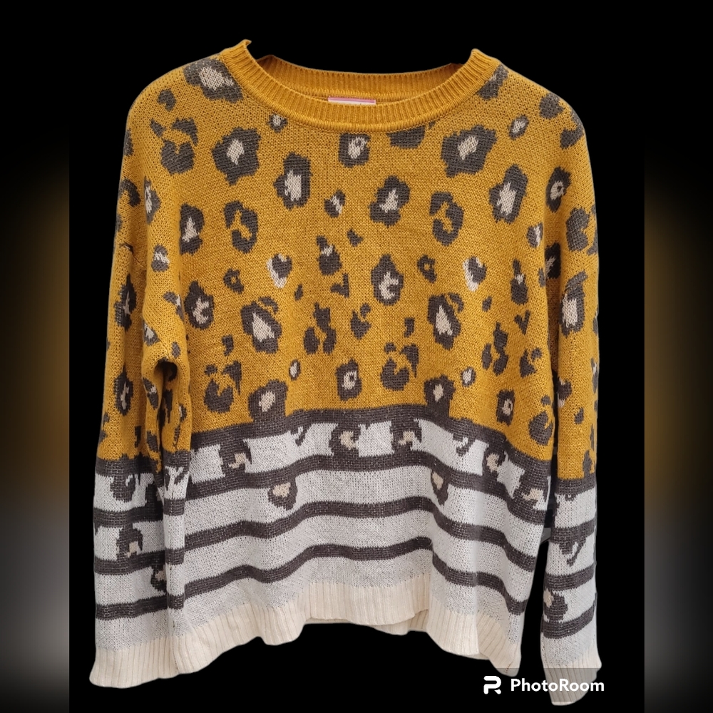 Andree by Unit Sweater, Size Large, Leopard/Yellow/Grey/Cream, Style#15672-1